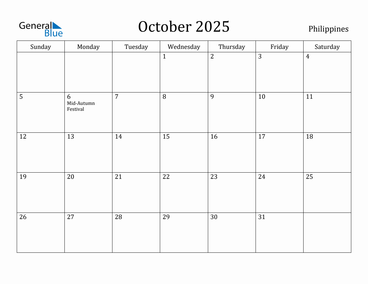 October 2025 monthly calendar with holidays in Philippines