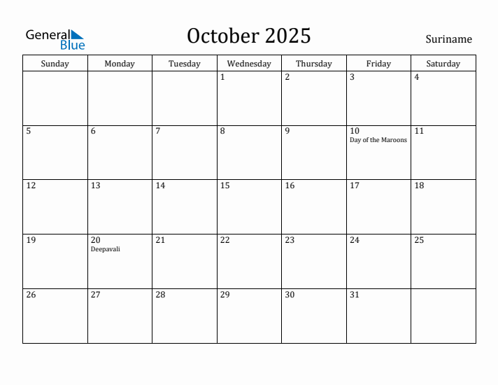 October 2025 Calendar Suriname