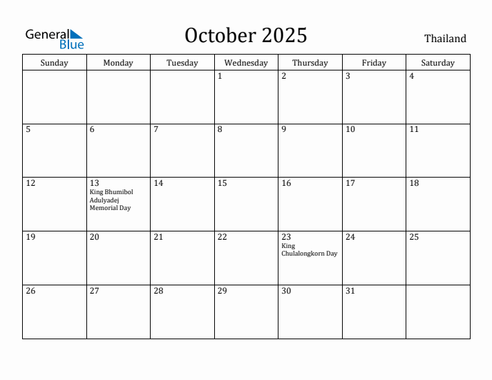 October 2025 Calendar Thailand
