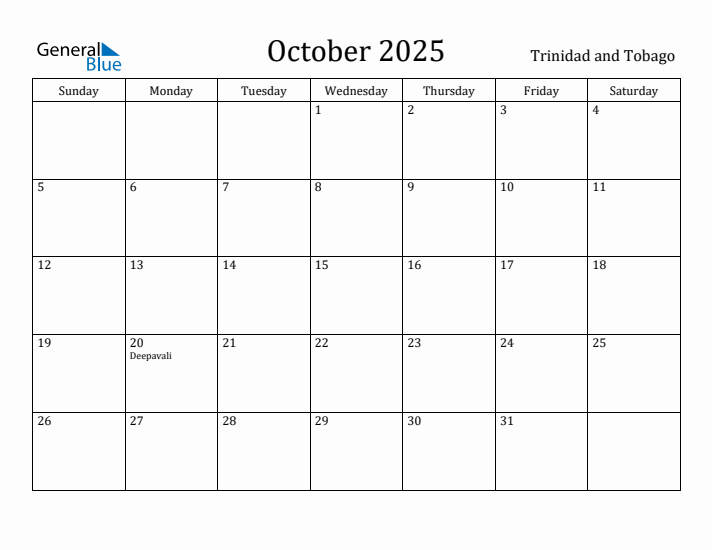 October 2025 Calendar Trinidad and Tobago
