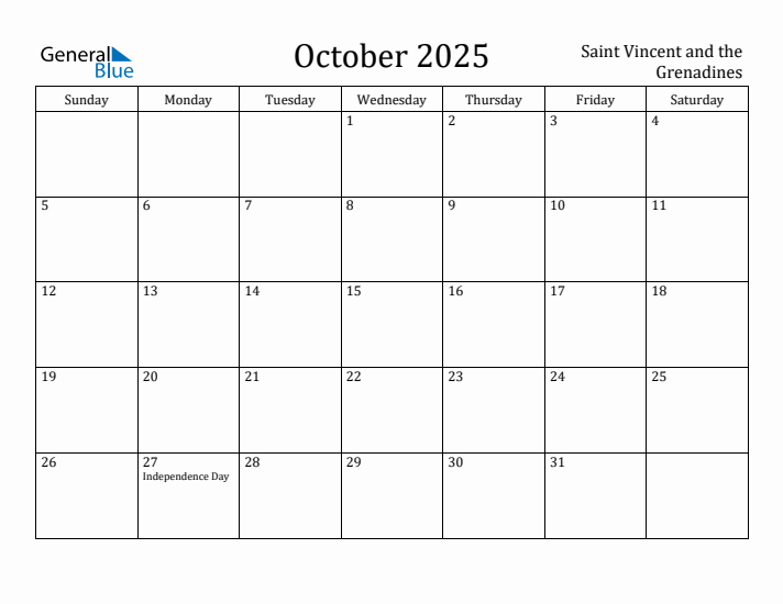 October 2025 Calendar Saint Vincent and the Grenadines
