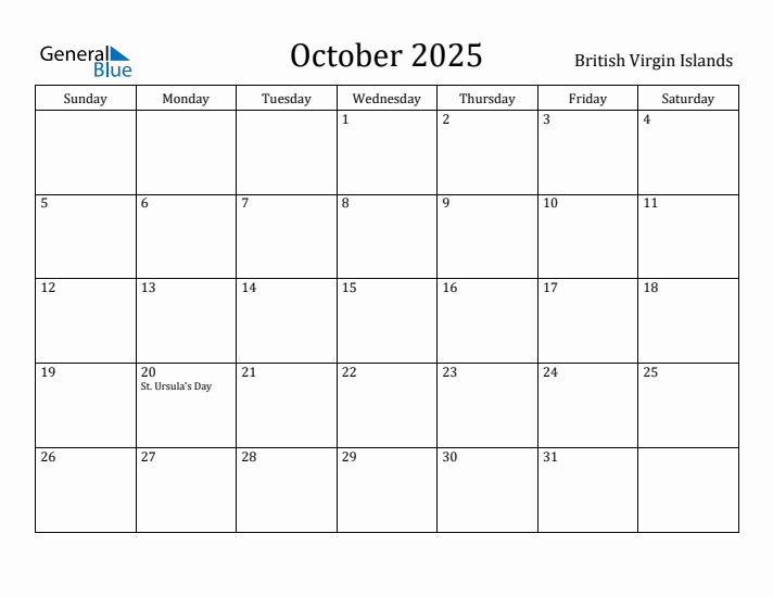 October 2025 Calendar British Virgin Islands