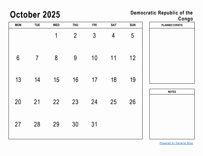 October 2025 Printable Monthly Calendar with Democratic Republic of the Congo Holidays