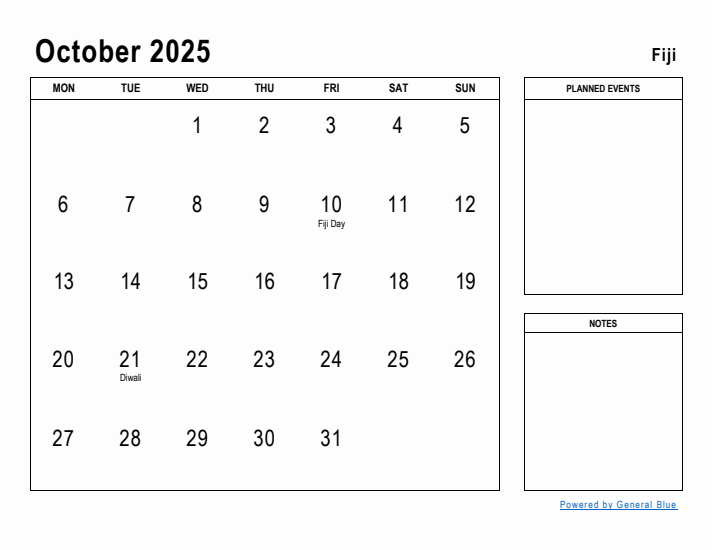 October 2025 Printable Monthly Calendar with Fiji Holidays
