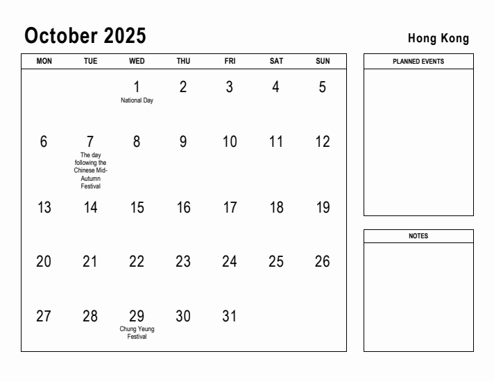 October 2025 Printable Monthly Calendar with Hong Kong Holidays