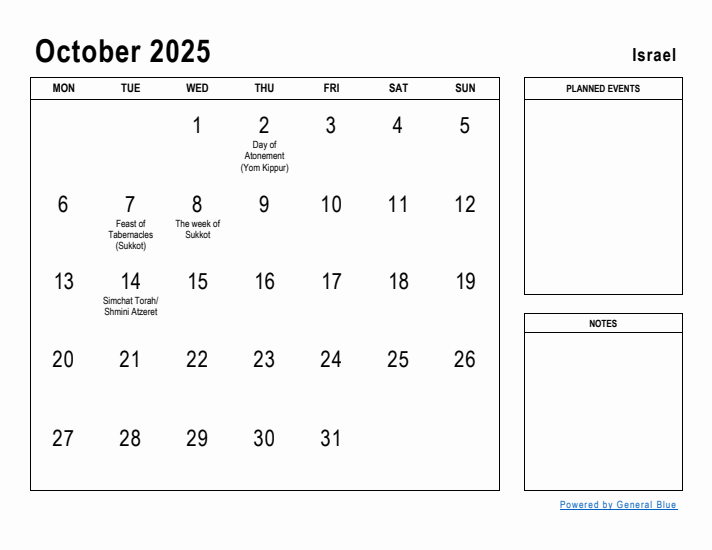 October 2025 Printable Monthly Calendar with Israel Holidays