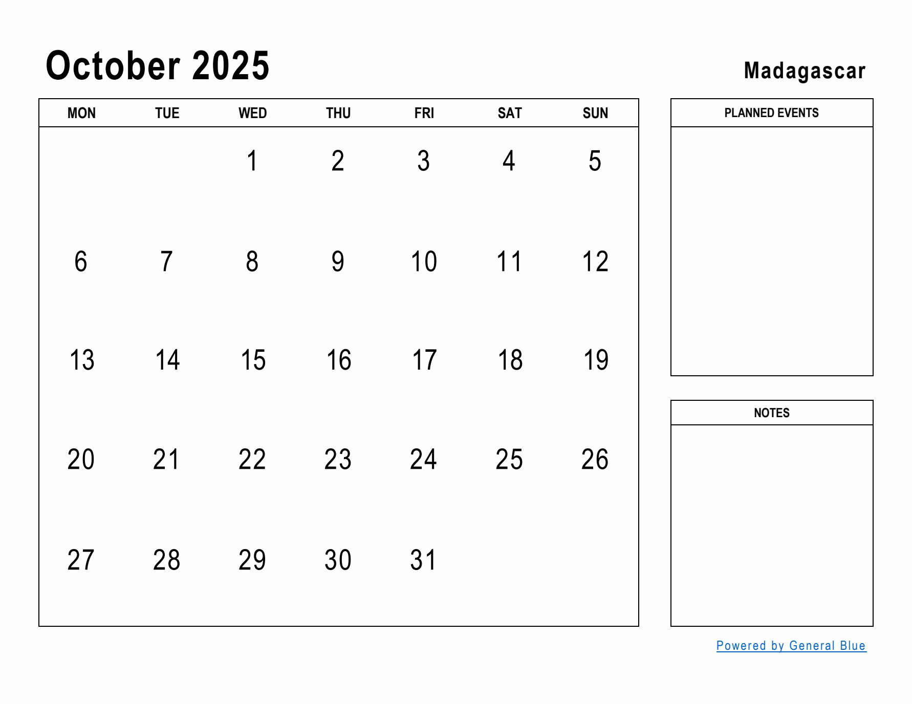 October 2025 Printable Monthly Calendar with Madagascar Holidays