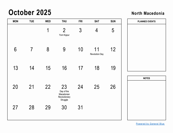 October 2025 Printable Monthly Calendar with North Macedonia Holidays