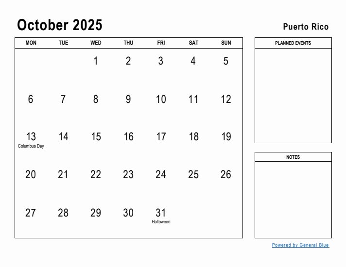 October 2025 Printable Monthly Calendar with Puerto Rico Holidays