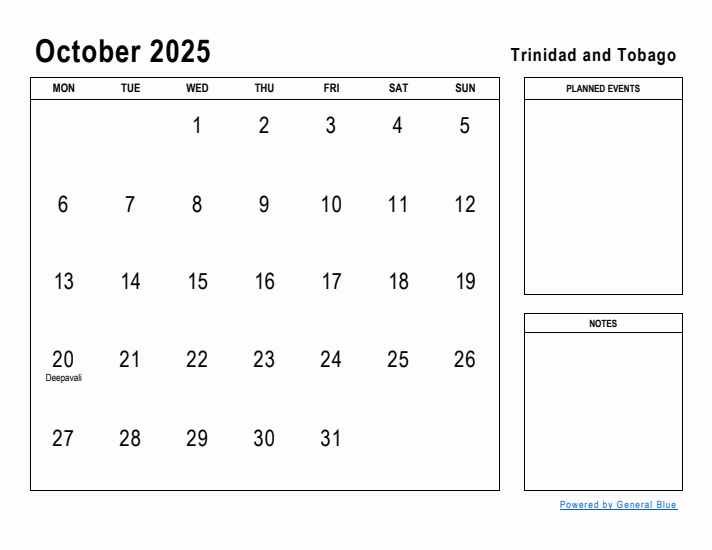 October 2025 Printable Monthly Calendar with Trinidad and Tobago Holidays
