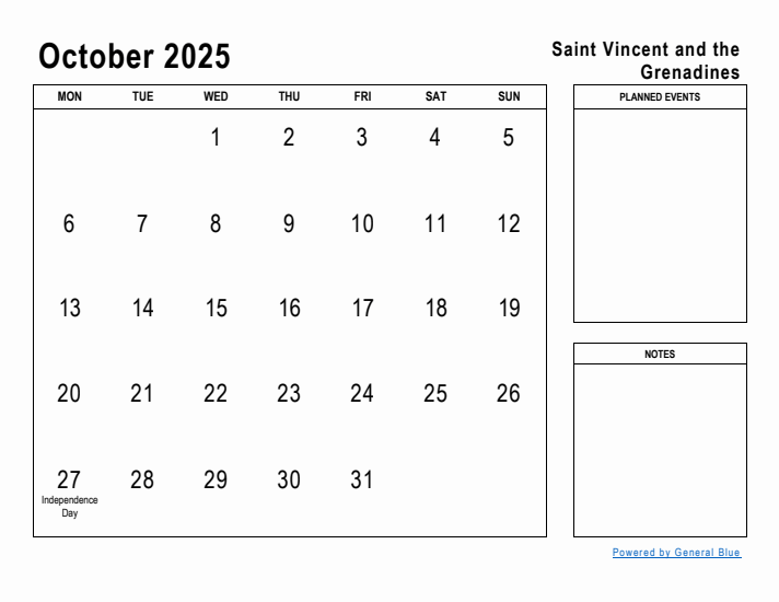 October 2025 Printable Monthly Calendar with Saint Vincent and the Grenadines Holidays