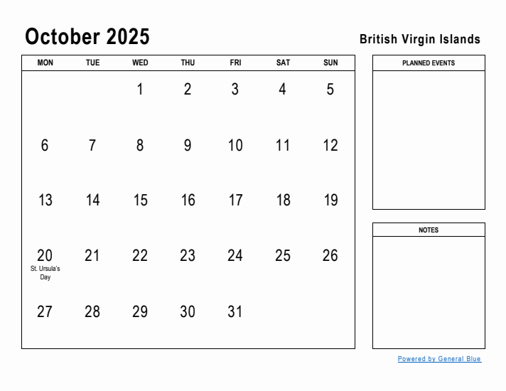 October 2025 Printable Monthly Calendar with British Virgin Islands Holidays