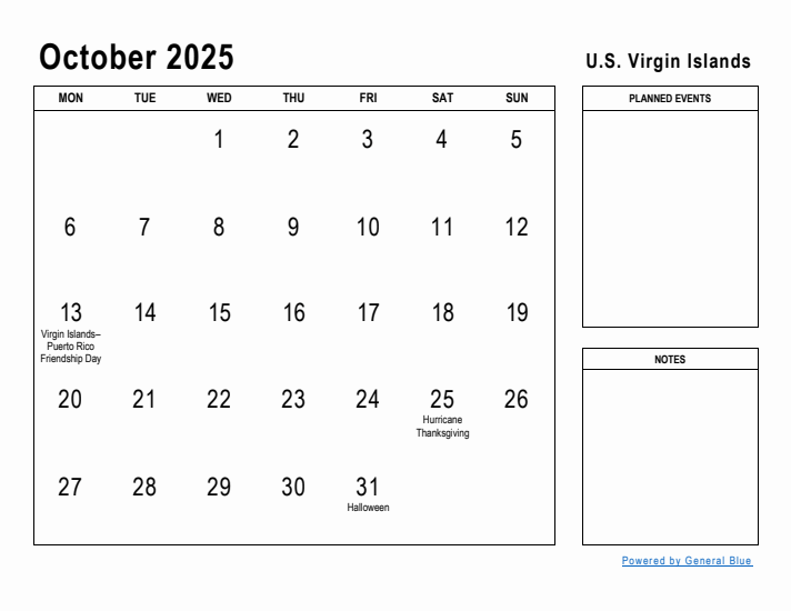 October 2025 Printable Monthly Calendar with U.S. Virgin Islands Holidays