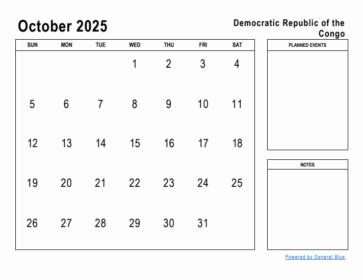 October 2025 Printable Monthly Calendar with Democratic Republic of the Congo Holidays
