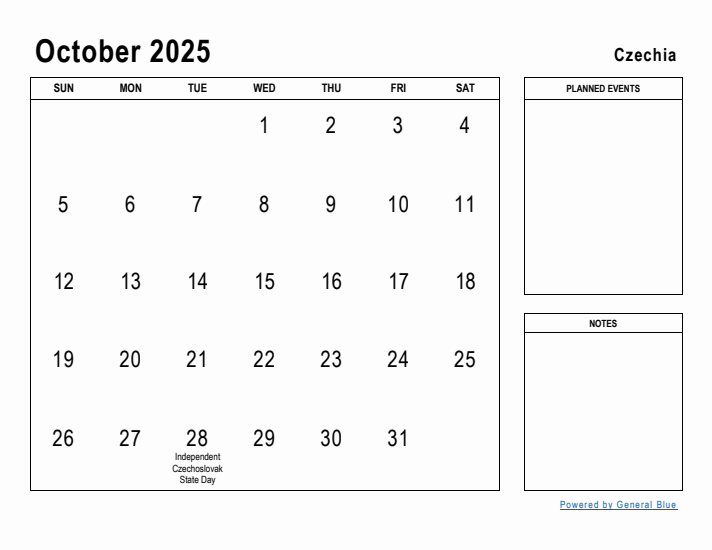 October 2025 Printable Monthly Calendar with Czechia Holidays
