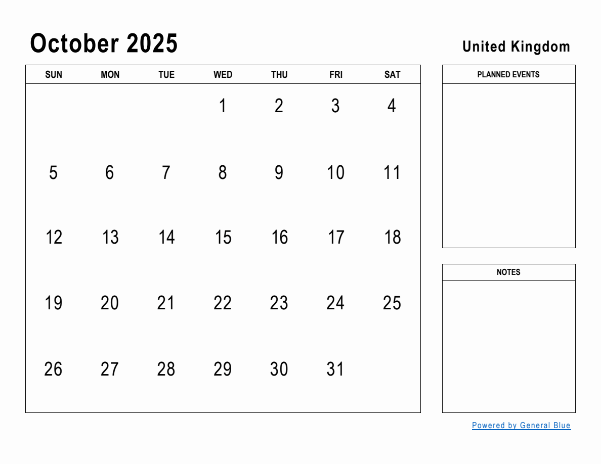 October 2025 Planner with United Kingdom Holidays