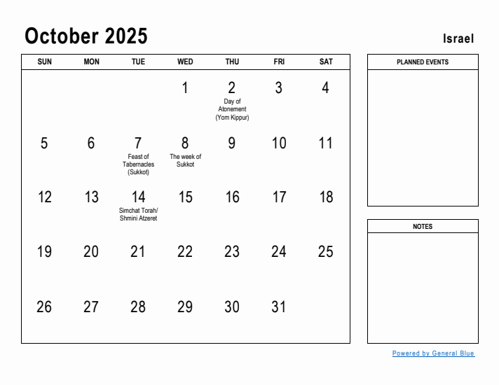 October 2025 Printable Monthly Calendar with Israel Holidays