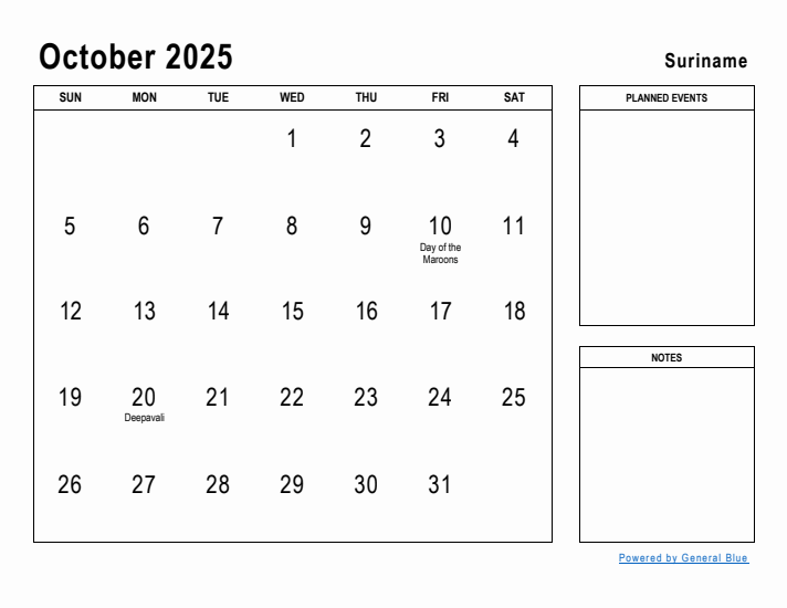 October 2025 Printable Monthly Calendar with Suriname Holidays