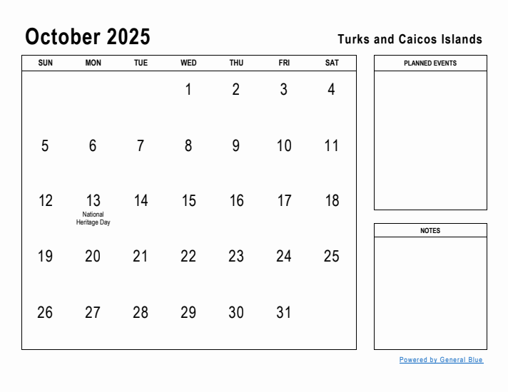October 2025 Printable Monthly Calendar with Turks and Caicos Islands Holidays