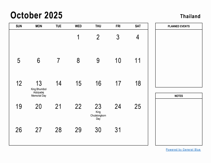 October 2025 Printable Monthly Calendar with Thailand Holidays