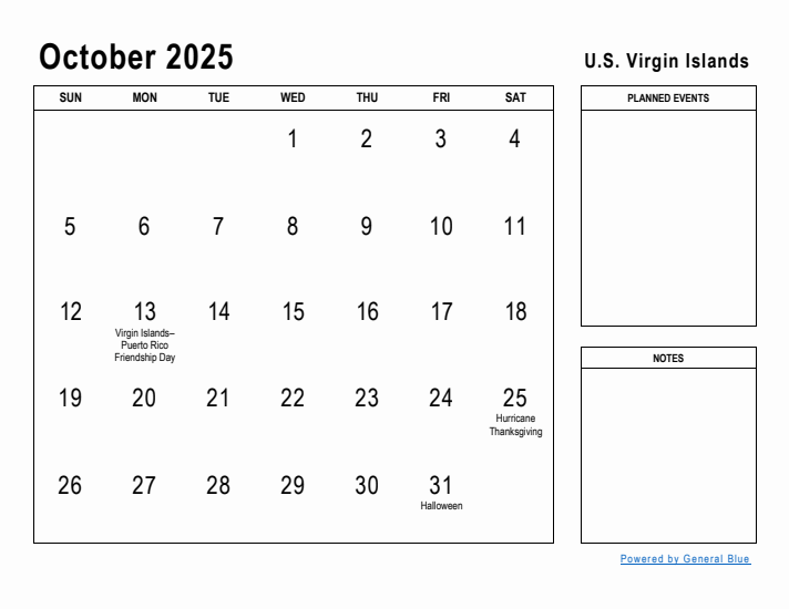 October 2025 Printable Monthly Calendar with U.S. Virgin Islands Holidays