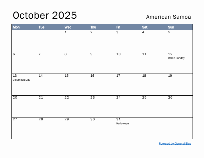 October 2025 Simple Monthly Calendar for American Samoa