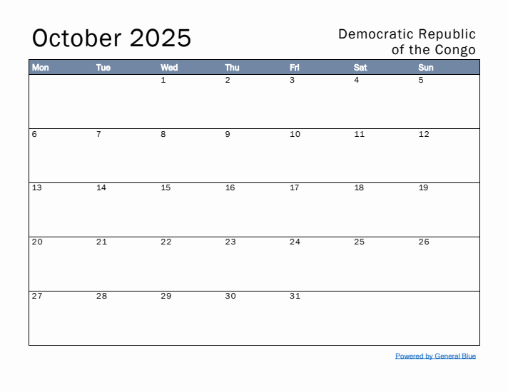October 2025 Simple Monthly Calendar for Democratic Republic of the Congo