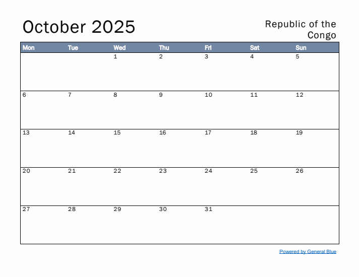 October 2025 Simple Monthly Calendar for Republic of the Congo
