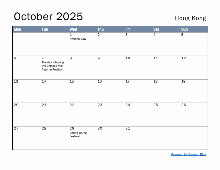 October 2025 Simple Monthly Calendar for Hong Kong