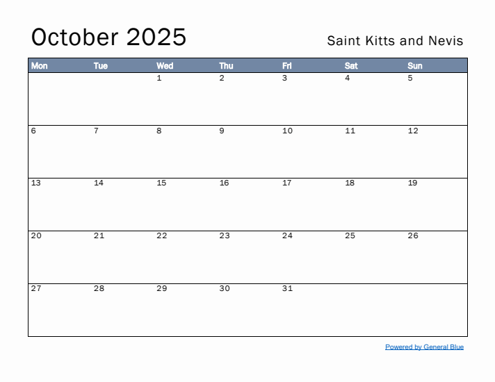 October 2025 Simple Monthly Calendar for Saint Kitts and Nevis