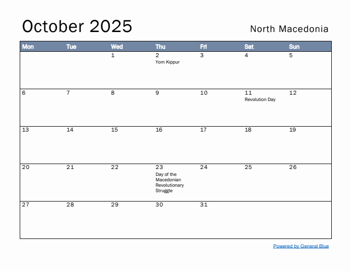 October 2025 Simple Monthly Calendar for North Macedonia