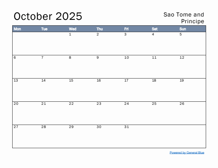 October 2025 Simple Monthly Calendar for Sao Tome and Principe