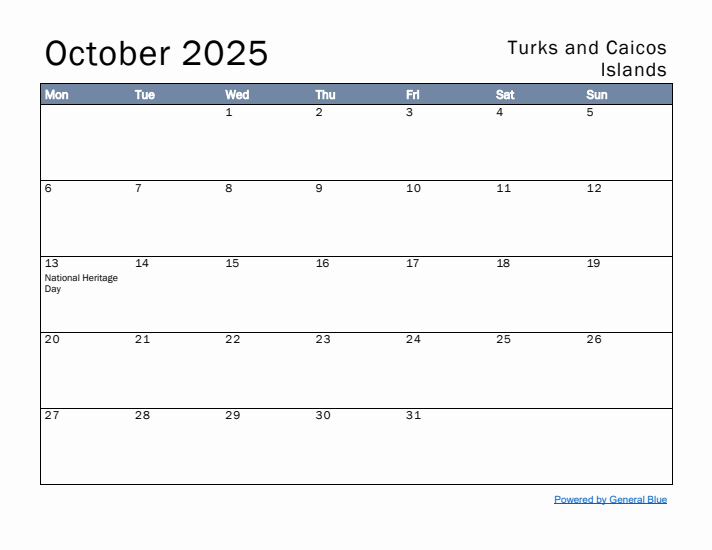 October 2025 Simple Monthly Calendar for Turks and Caicos Islands