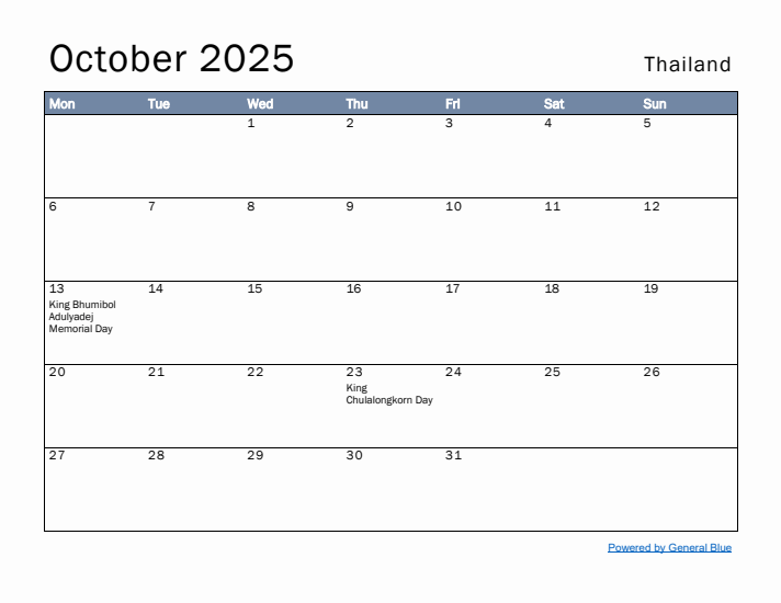 October 2025 Simple Monthly Calendar for Thailand