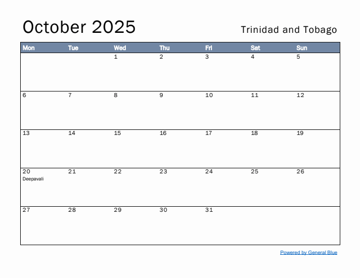 October 2025 Simple Monthly Calendar for Trinidad and Tobago