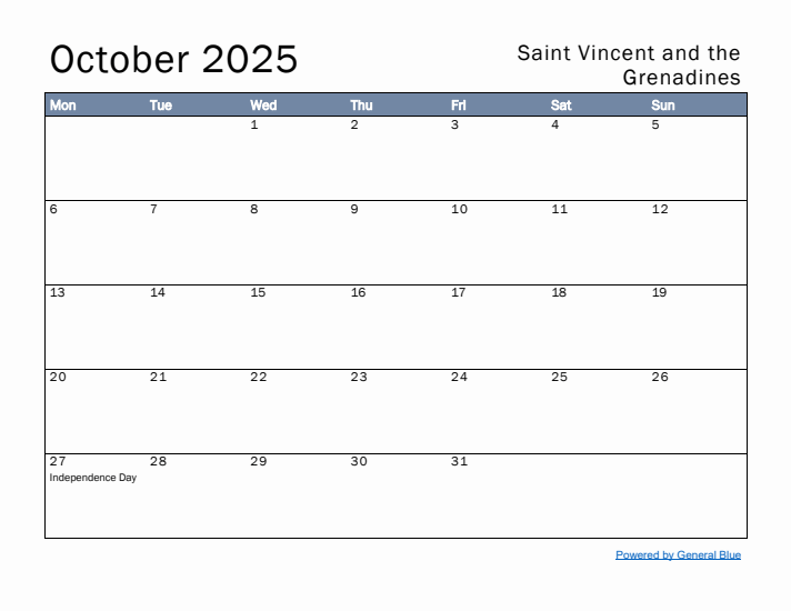 October 2025 Simple Monthly Calendar for Saint Vincent and the Grenadines