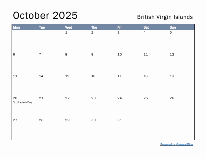 October 2025 Simple Monthly Calendar for British Virgin Islands
