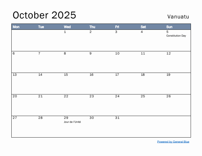 October 2025 Simple Monthly Calendar for Vanuatu
