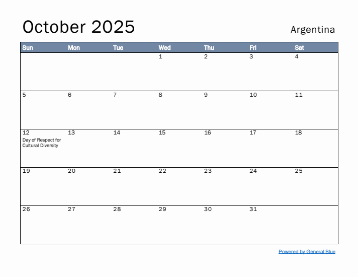 October 2025 Simple Monthly Calendar for Argentina