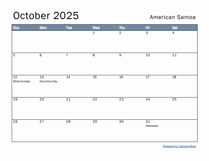 October 2025 Simple Monthly Calendar for American Samoa