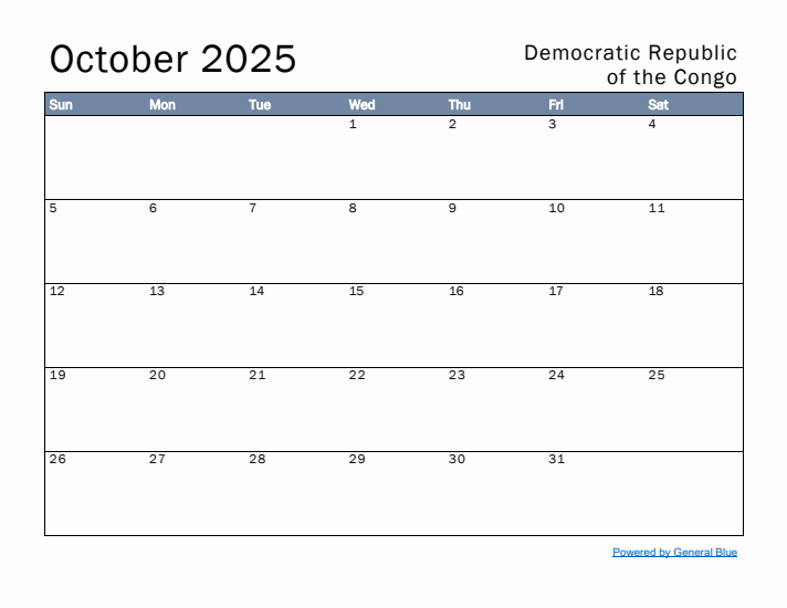 October 2025 Simple Monthly Calendar for Democratic Republic of the Congo
