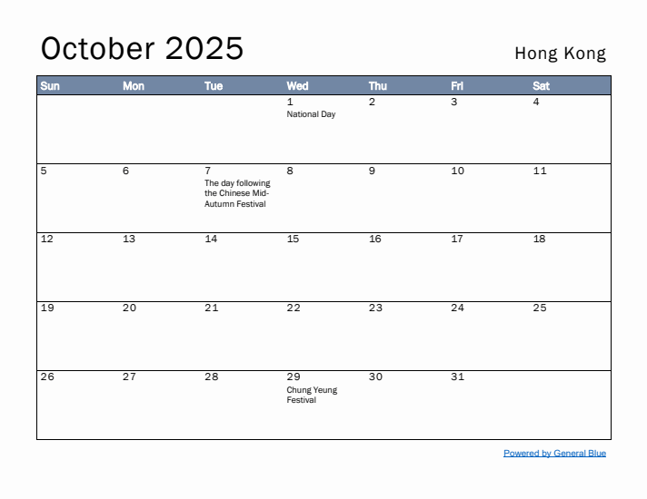 October 2025 Simple Monthly Calendar for Hong Kong