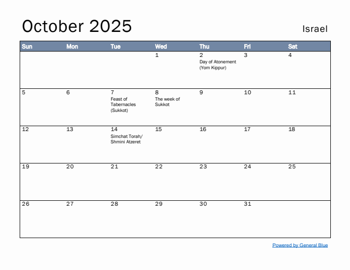 October 2025 Simple Monthly Calendar for Israel