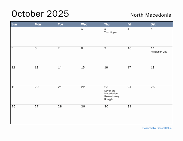 October 2025 Simple Monthly Calendar for North Macedonia
