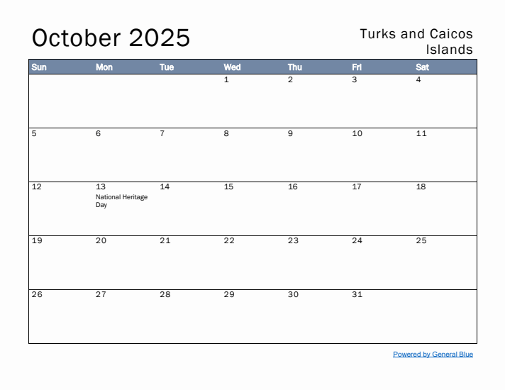 October 2025 Simple Monthly Calendar for Turks and Caicos Islands