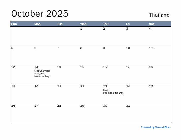 October 2025 Simple Monthly Calendar for Thailand