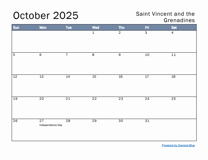 October 2025 Simple Monthly Calendar for Saint Vincent and the Grenadines