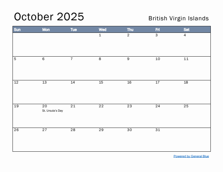 October 2025 Simple Monthly Calendar for British Virgin Islands