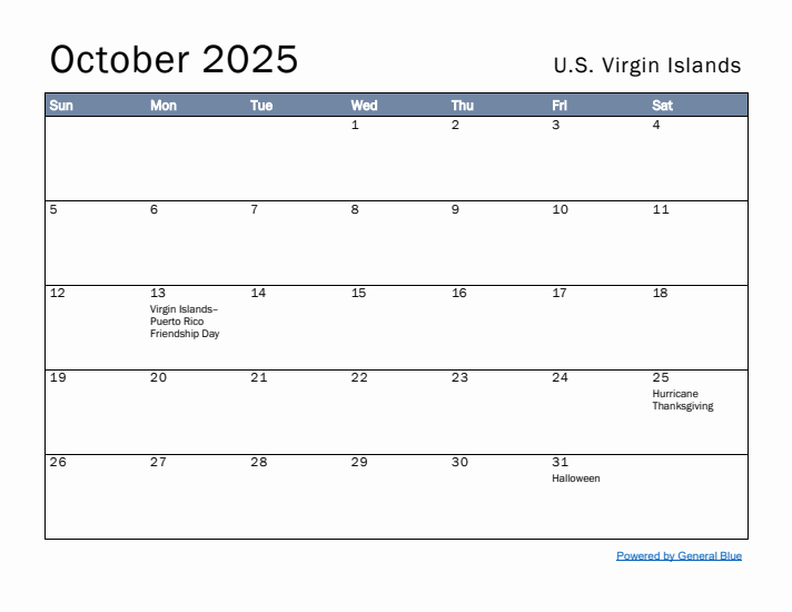 October 2025 Simple Monthly Calendar for U.S. Virgin Islands
