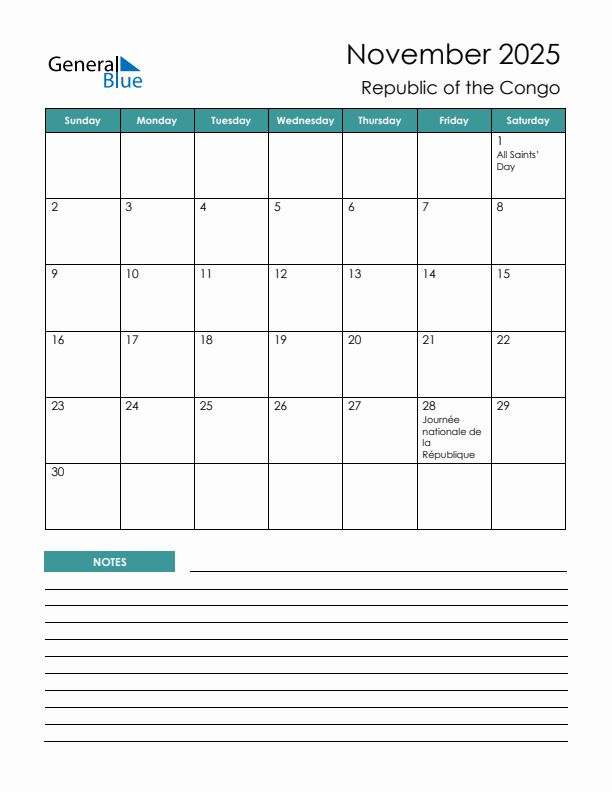 Calendar with Notes Printable - Sunday Start